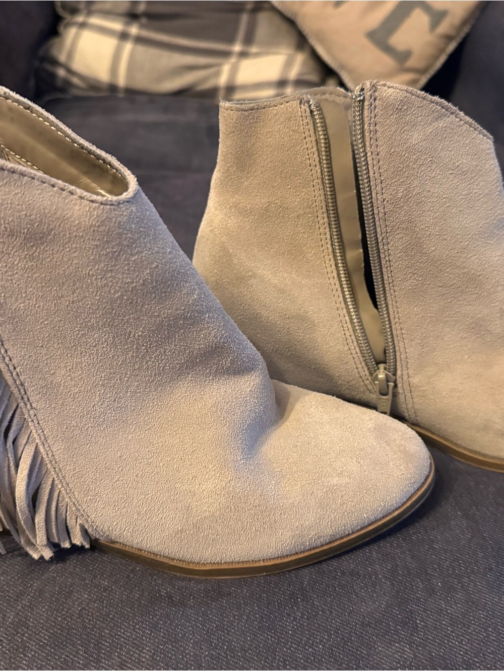 Lucky Brand Suede Fringe Ankle Boots in Light Taupe